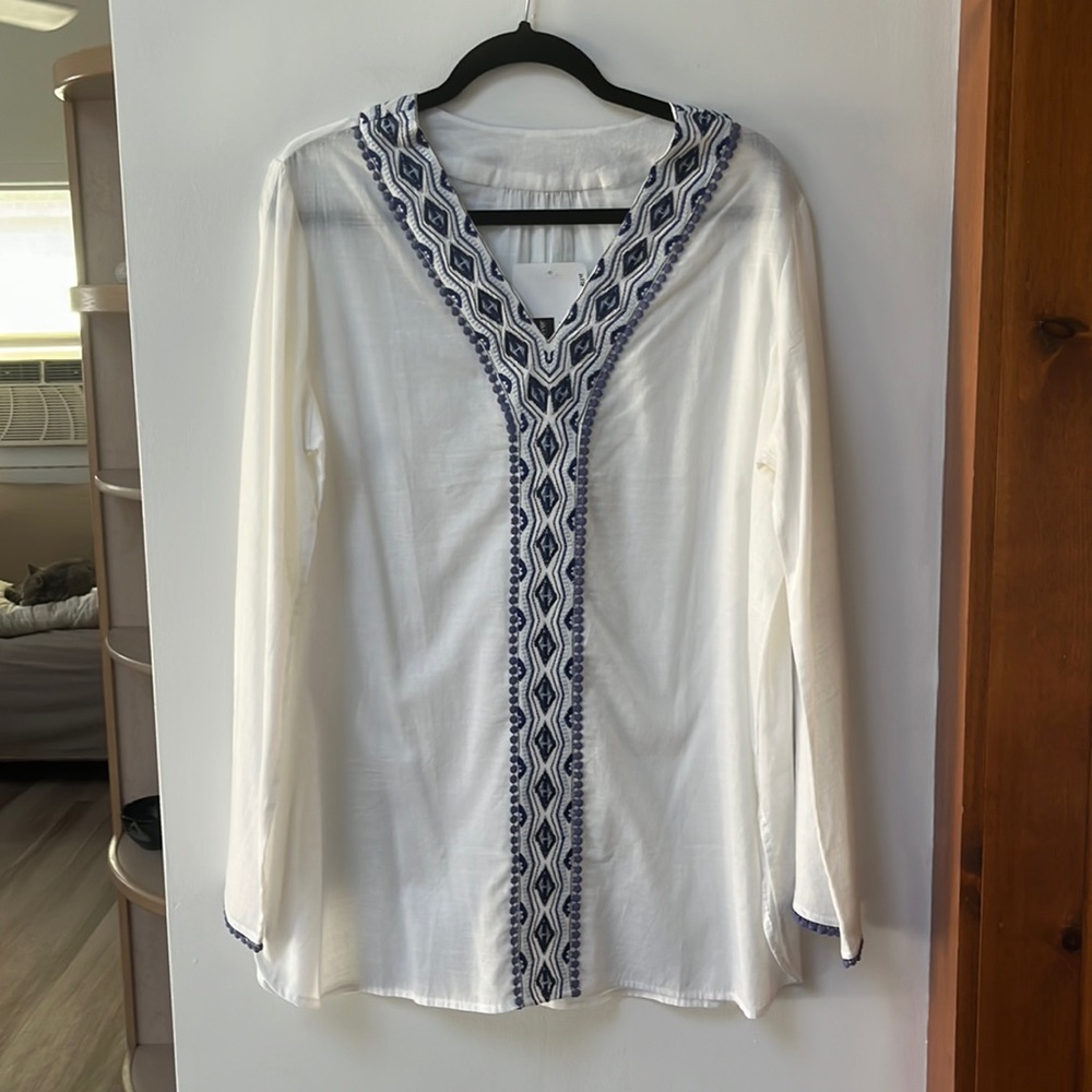 Take Cover by Penbrooke,White/Blue,Embroidered,Slit Sleeve,Boho,Cover up,M,NWT